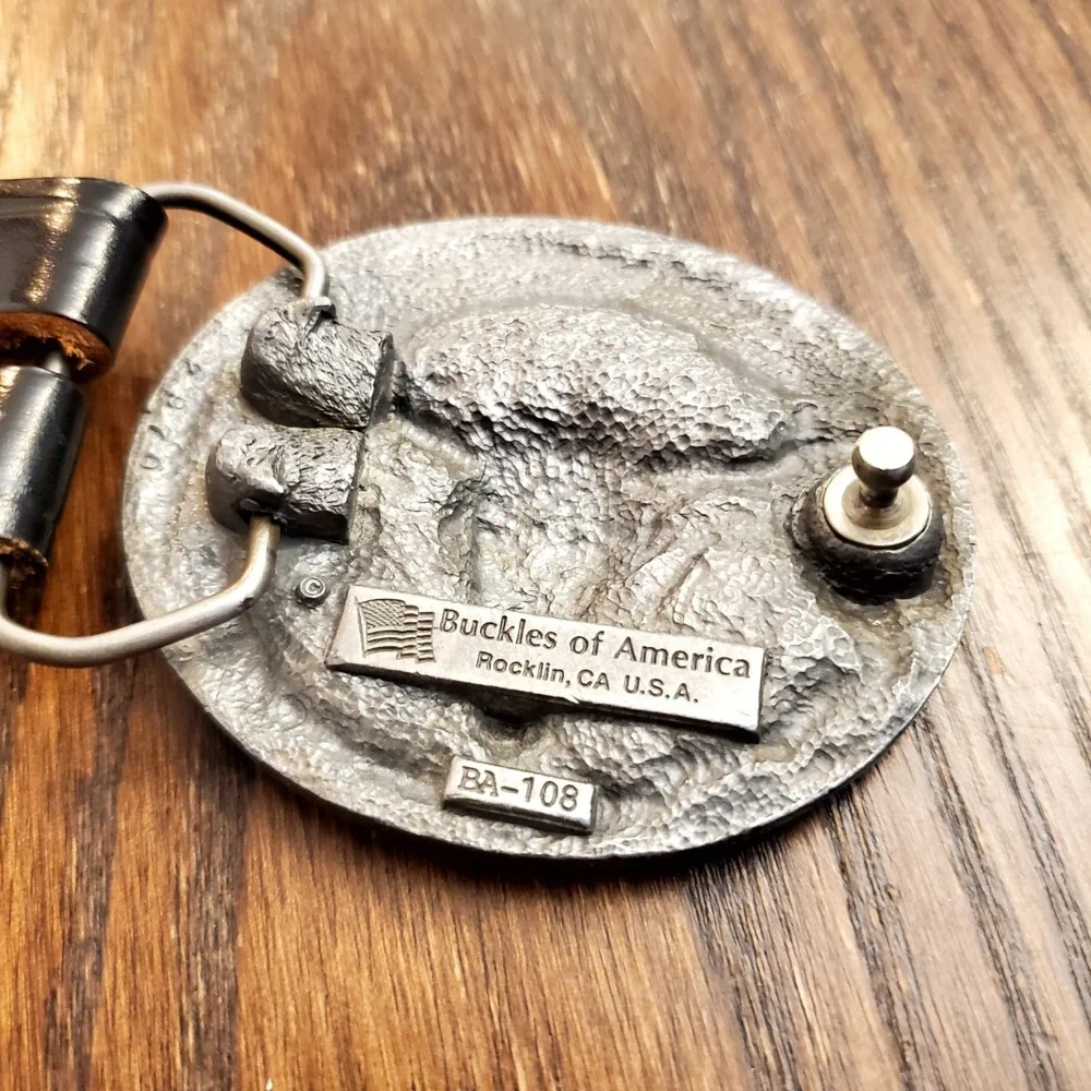 Vintage Buckles of America Longhorn Skull Western Belt Buckle & Leather Belt USA